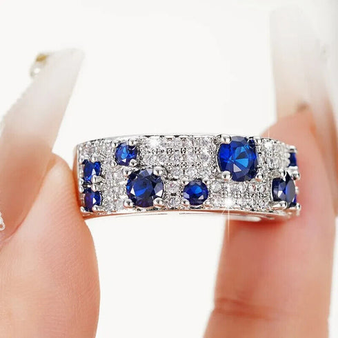 Classic Micro Pave Blue Cubic Zirconia 14K White Gold Plated Ring for Women